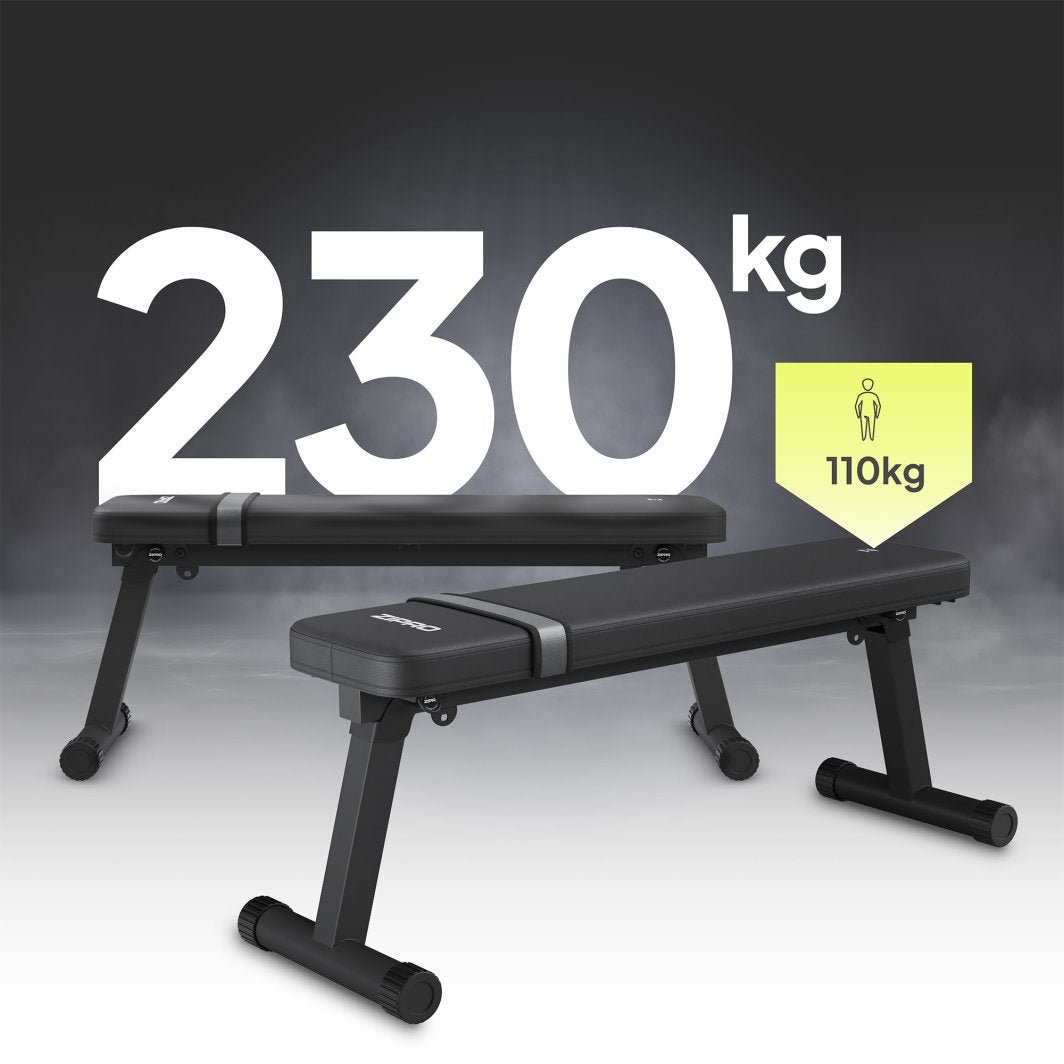 Treningsbenk sammenleggbar i svart med polstret sete, metallramme og Zipro-logo, vist på hvit bakgrunn.