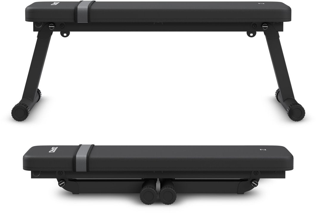 Treningsbenk sammenleggbar, sort modell vist fra siden både oppslått og sammenlagt, med polstret overflate.