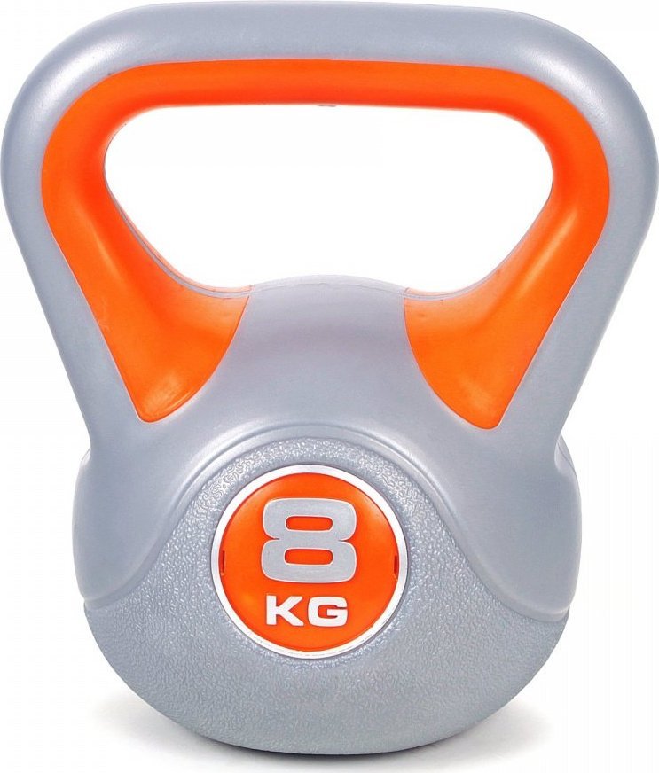 Kettlebell i grå og oransje plast med ergonomisk håndtak og tydelig 8 kg-merke, sett rett forfra.