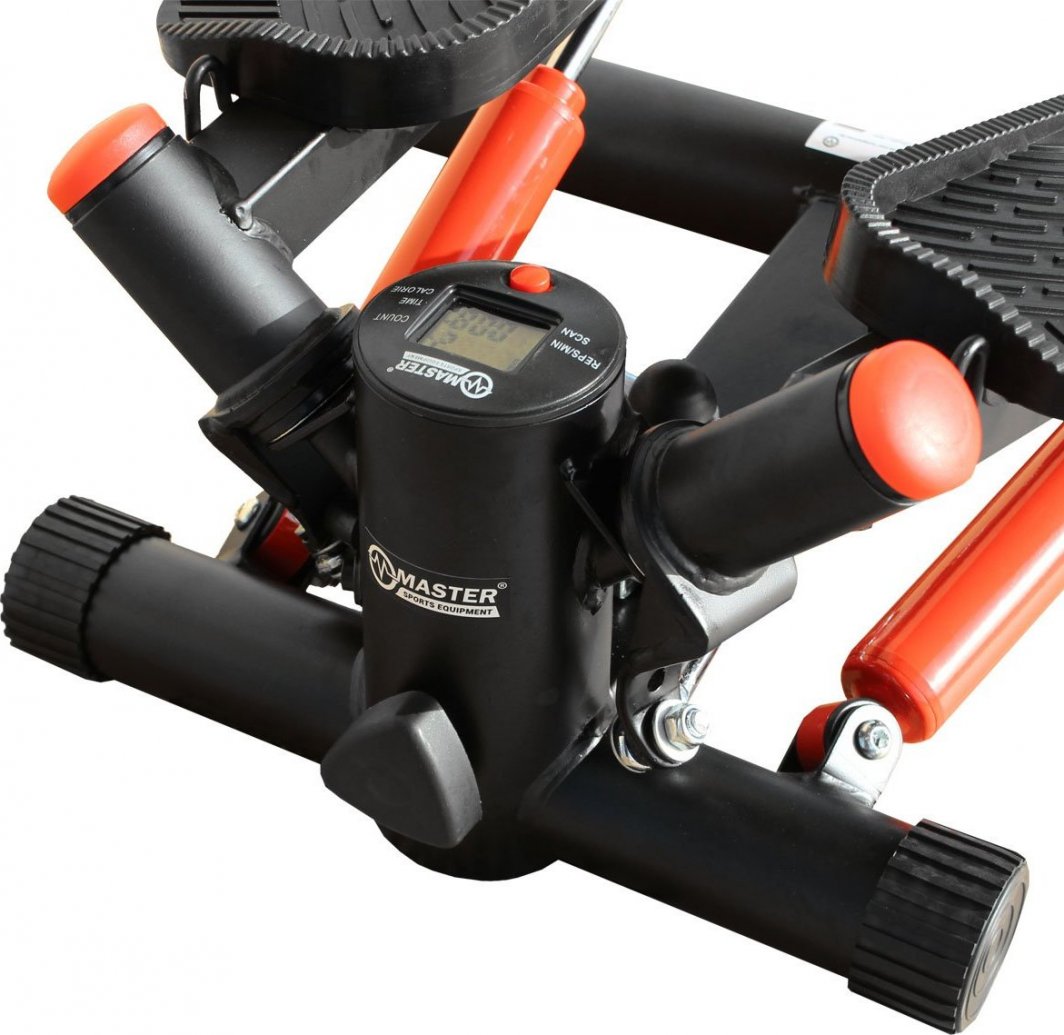 Stepmaskin med svart og oransje design, digitalt display, detaljerte fotplater og hydrauliske sylindere vises.