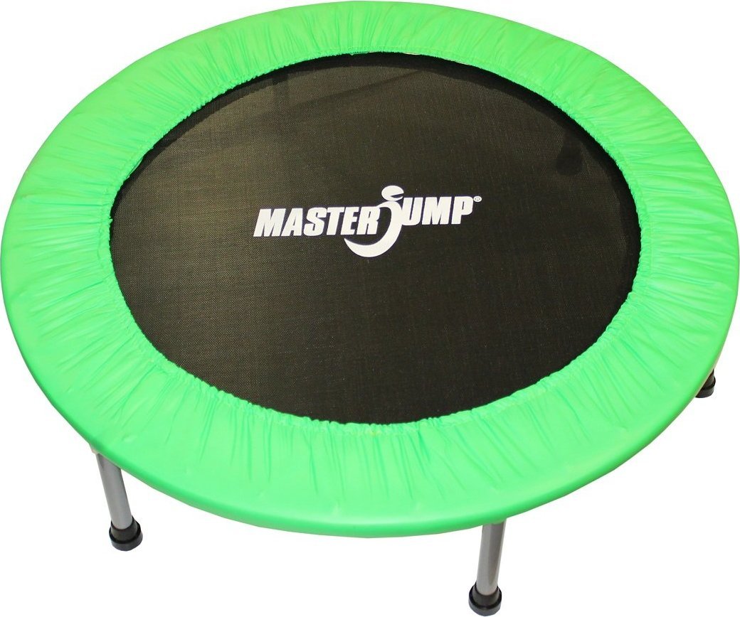 Trampoline med grønn kant, svart hoppeduk og seks metallben, sett skrått ovenfra. MASTERJUMP-logo i midten.