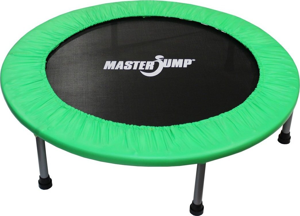 Liten Trampoline med grønn kantbeskyttelse, svart hoppeflate, fire metallben og synlig logo på flaten.