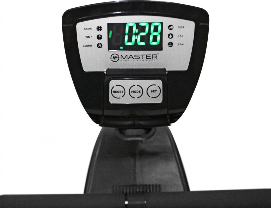 Romaskin Trening digitalt display med grønne tall, knapper merket RESET, MODE og SET, svart og sølvfarget.