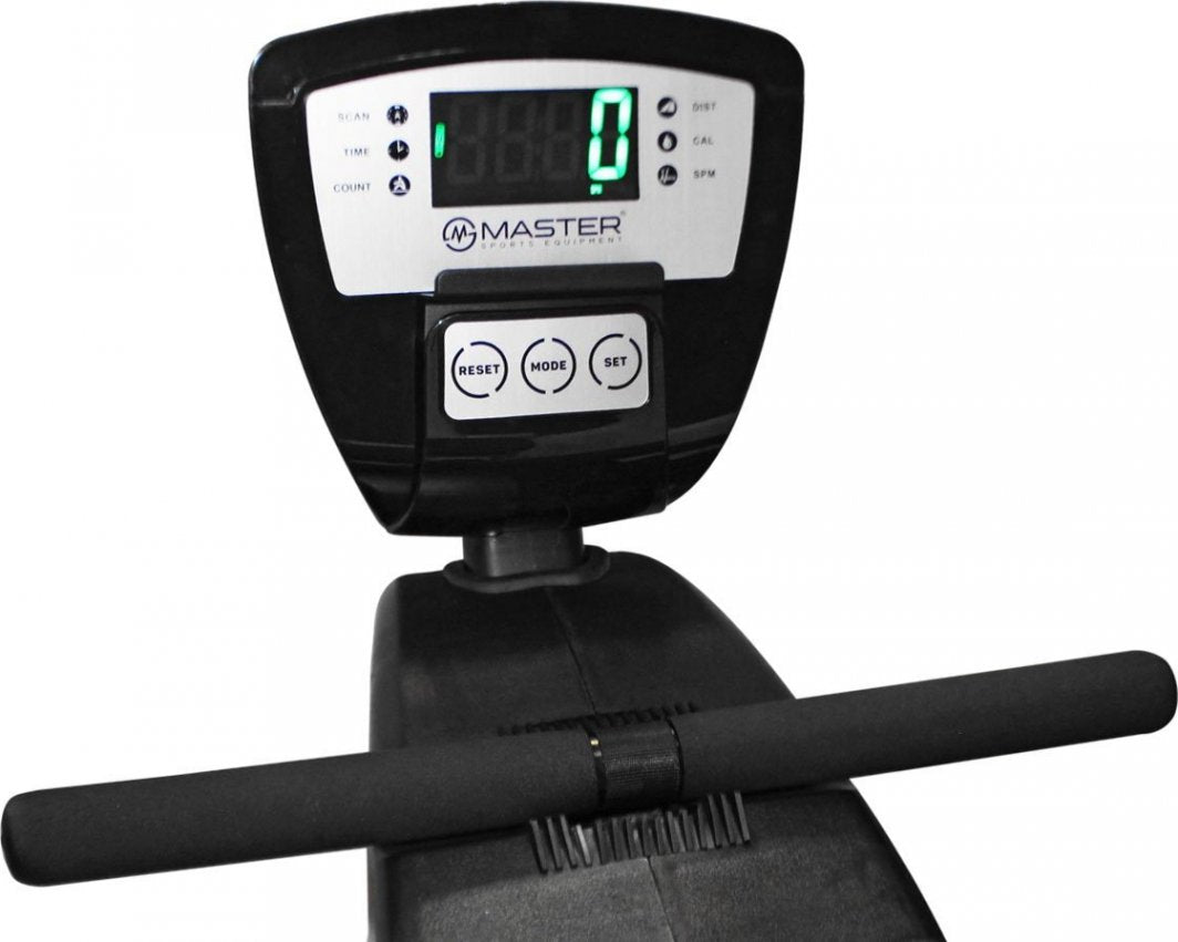 Romaskin Sammenleggbar med digital treningskonsoll, lysende display og tre knapper, håndtak med skumgrep.