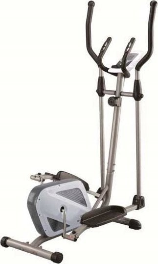 Ellipsemaskin i grått og svart med håndtak, pedaler og display, avbildet fra skrå vinkel.