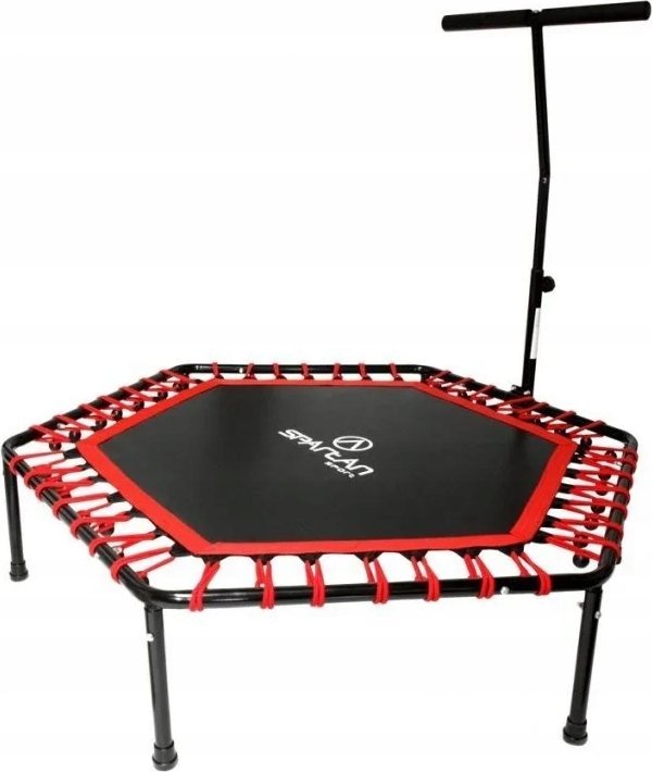 Trampoline sekskantet med sort og rød design, justerbar håndtak foran og solide ben, sett skrått forfra.