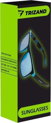 Polariserte Solbriller i blått og svart vises fra siden på sort og grønn eske med spesifikasjoner og tekst.