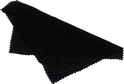 Solbriller svart pudseklut i mykt stoff med taggete kanter, firkantet og delvis brettet sammen.