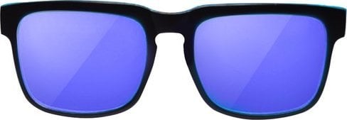 Solbriller med svart ramme og blått speilglass, rektangulær fasong, sett rett forfra mot hvit bakgrunn.