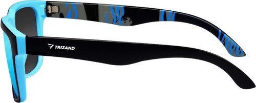 Polariserte Solbriller med lyseblå innfatning og svarte stenger med blått mønster, sett fra siden.