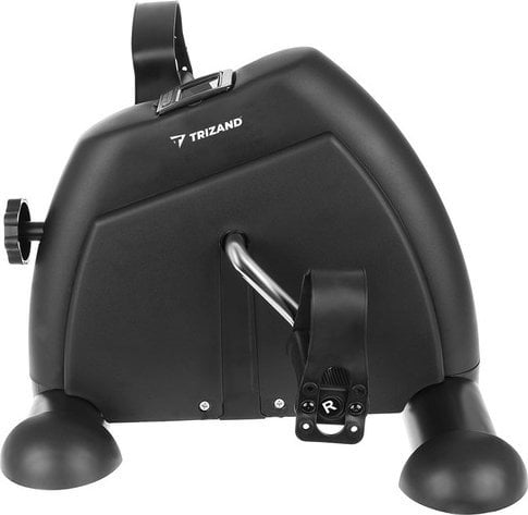 Mini Sykkel, sort og kompakt med pedaler og justerbare stropper, metallaksling og brede, stabile føtter.