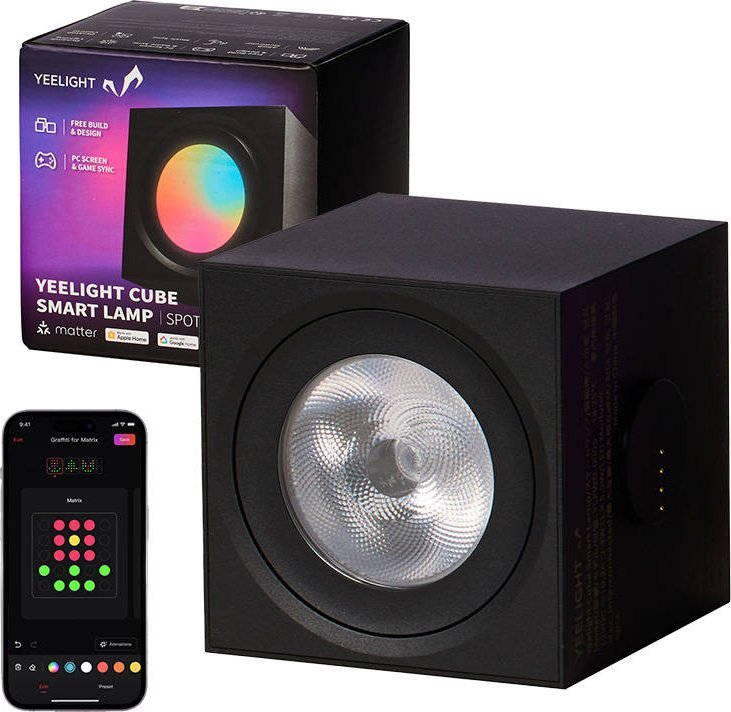 Tredemølle Gaming Lys Smart Cube Light Spot 15° fra Yeelight i sort matt finish med linsedetalj.