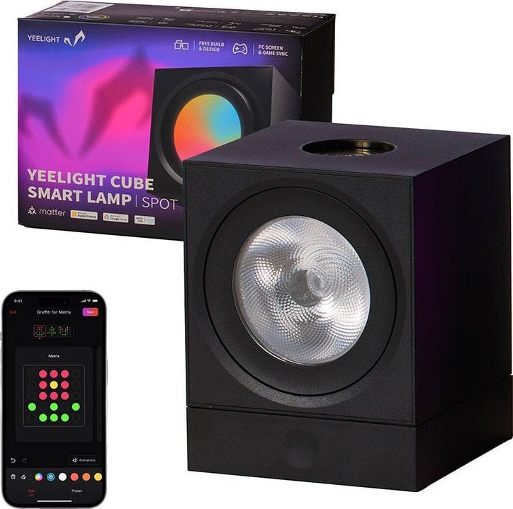 Tredemølle Gaming Lys Smart Cube Light Spot 15° panel med emballasje og appstyring synlig.