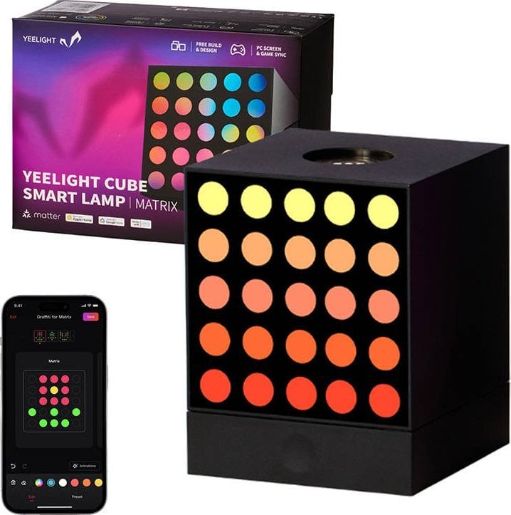 Tredemølle Gaming Lys Smart Cube Light Matrix med farget LED-panel, appkontroll og produkteske.