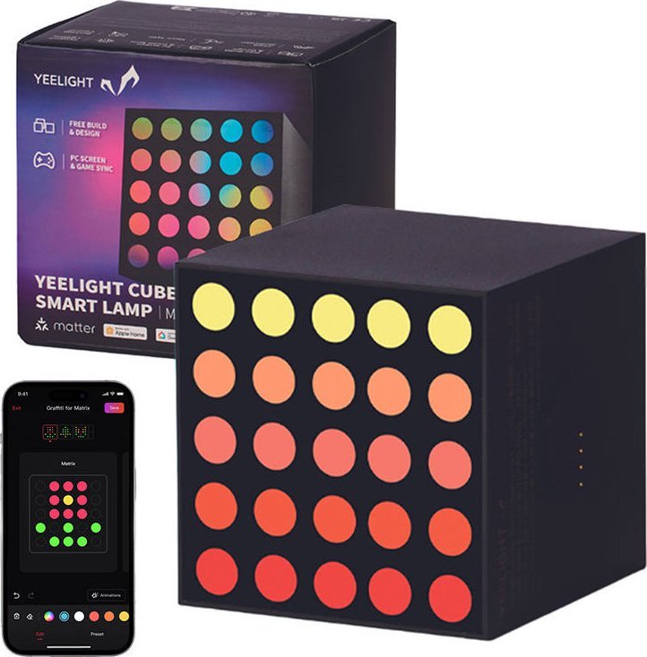 Tredemølle Gaming Lys Smart Cube Light Matrix med fargerike LED-lys, mobilapp og eske i bakgrunnen.