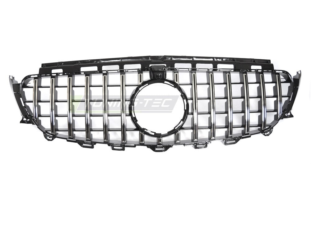 Detaljbilde av Grill E-Klasse W213 16-19 krom/sort med lamellstruktur og emblemfeste.