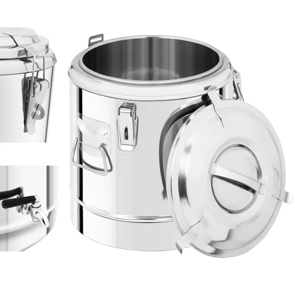 12L rustfritt stål drikkevogn, frontvisning med åpent lokk, bærehåndtak og låsemekanismer synlige.