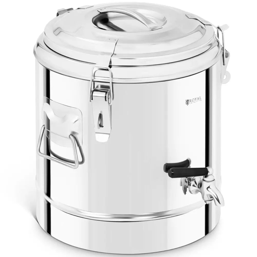 12L rustfritt stål drikkevogn med kran, skrå forfra, viser lokk, håndtak og tappekran nederst.