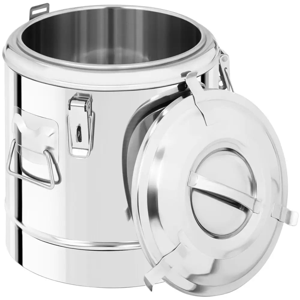 12L drikkevogn i rustfritt stål, skråvisning med åpent lokk, solide låsehendler og bærehåndtak synlige.