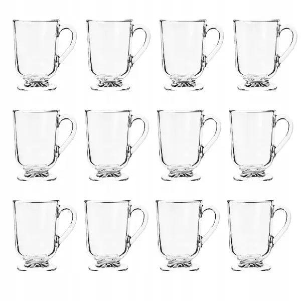 Tolv glasskopper med hank på stett, 300 ml, arrangert i tre rader mot hvit bakgrunn.