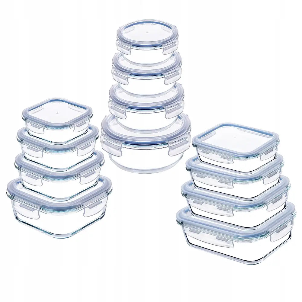 Kadax sett med 12 glassbeholdere, fem runde og åtte firkantede med blå silikonlokk, stablet mot hvit bakgrunn.