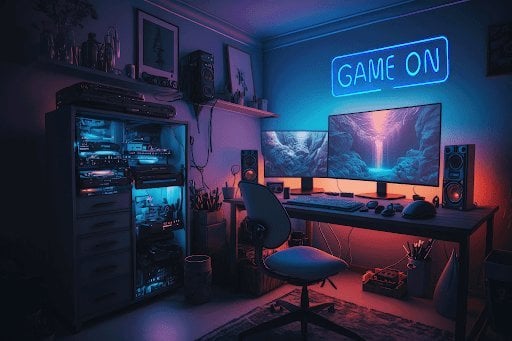 Sammenleggbar tredemølle neonskilt Game On blå LED montert på vegg over gaming-setup med skjermer.