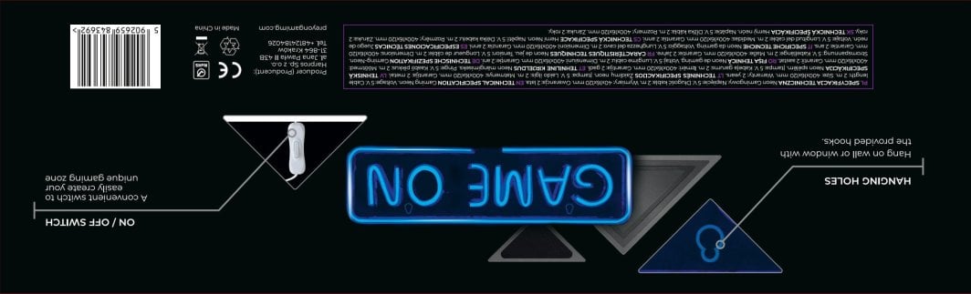 Tredemølle hjemme Neonskilt Game On blå LED sett bakfra med opphengshull og på/av-bryter.