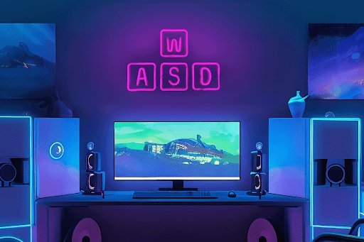 Sammenleggbar tredemølle Neonskilt WASD Gaming vegglys montert over skjerm i fargerikt gamingrom.