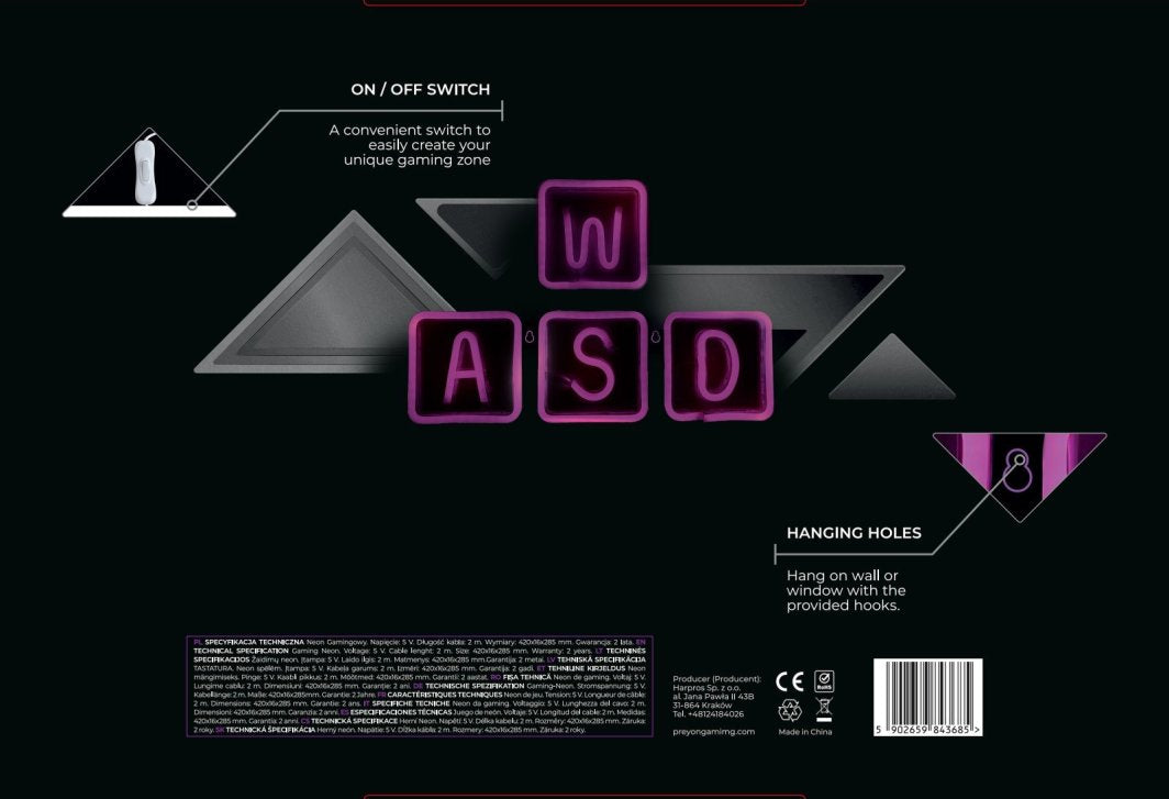 Sammenleggbar tredemølle neonskilt WASD Gaming med nærbilde av bryter, oppheng og forklarende diagrammer.