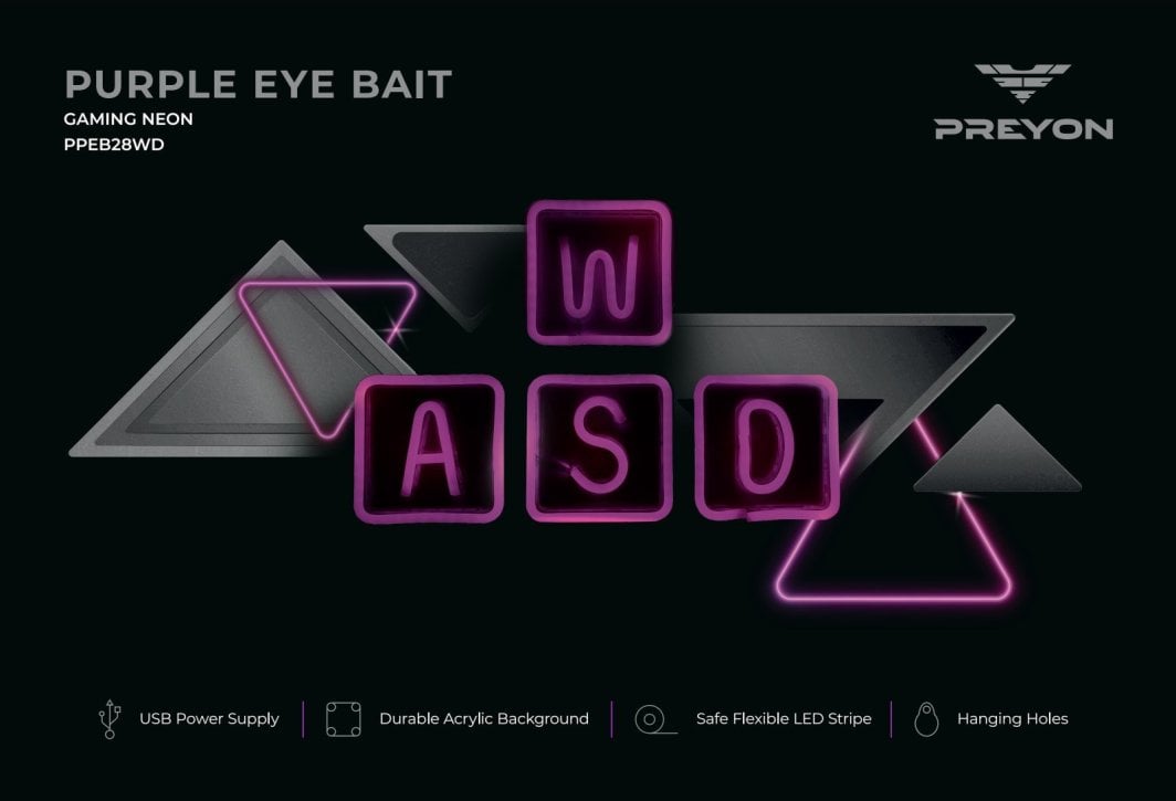 Tredemølle hjemme neonskilt WASD Gaming med lilla LED-lys på svart bakgrunn med geometriske detaljer.