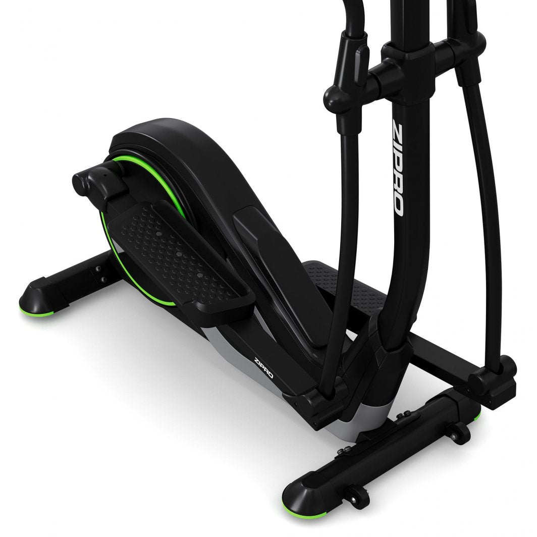 Ellipsemaskin med grønne detaljer, sett fra siden og ovenfra, synlige mønstrede pedaler og tydelig logo på rammen.