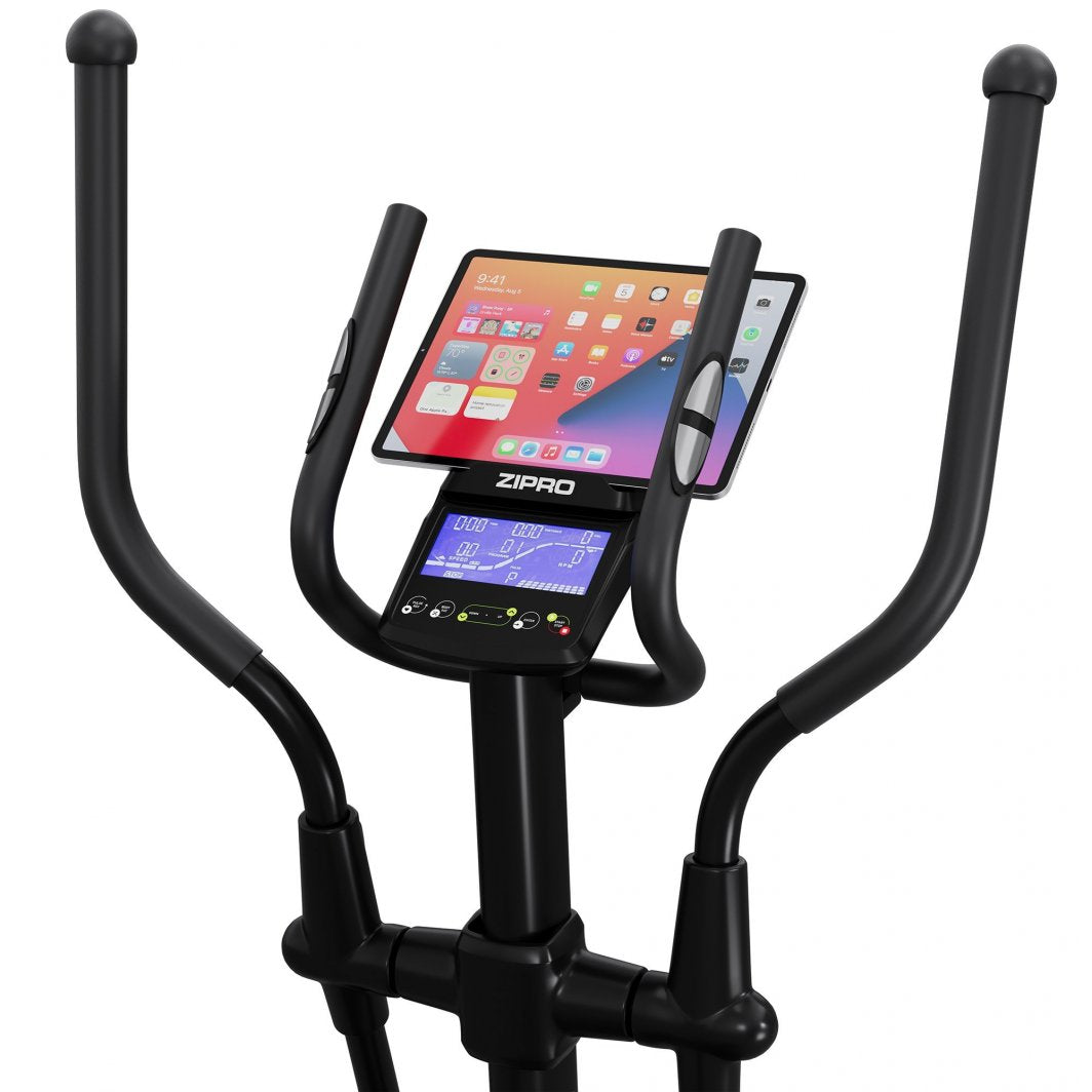 Ellipsemaskin Trening sort modell med håndtak, digitalt display og nettbrettholder, sett forfra.