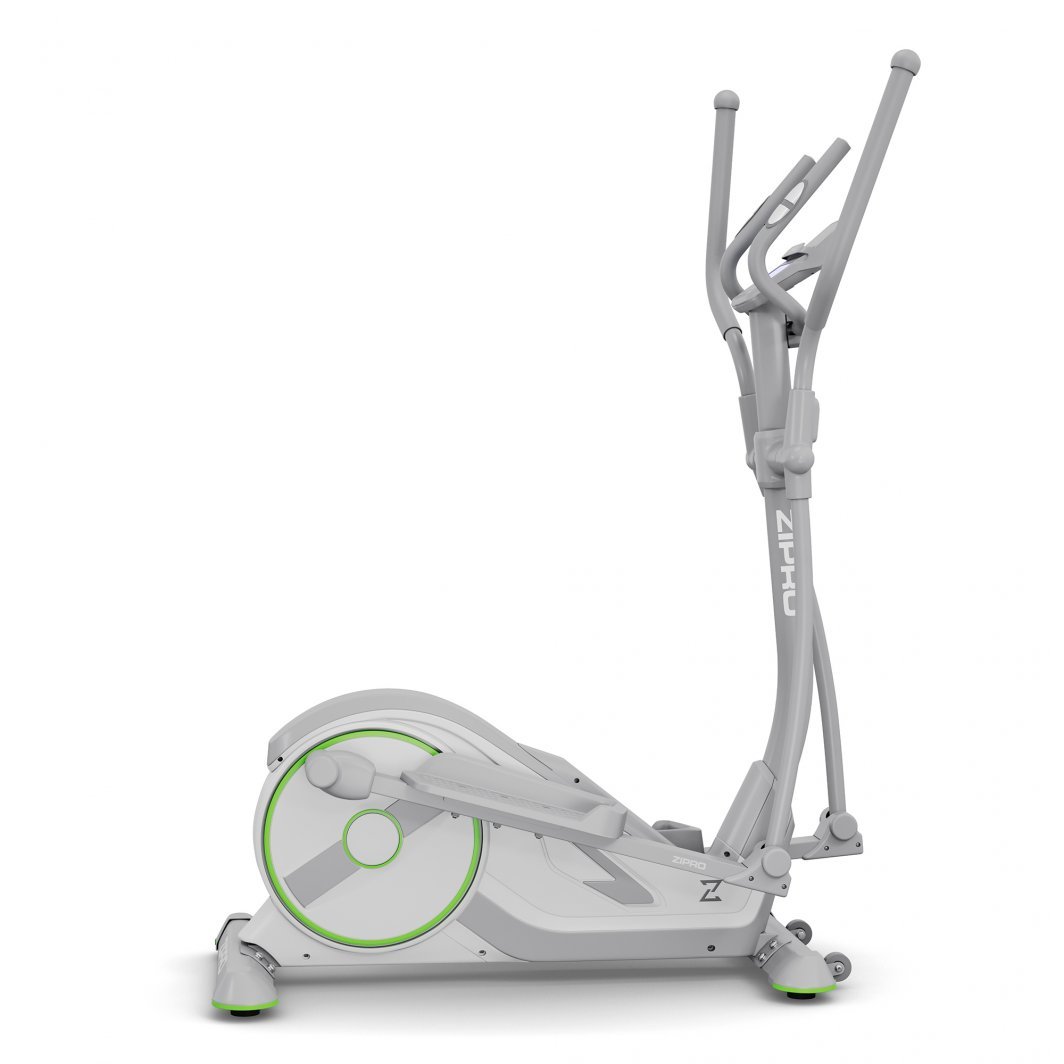 Ellipsemaskin i lysegrå med grønne detaljer, sett fra siden med tydelige håndtak og store fotplater.
