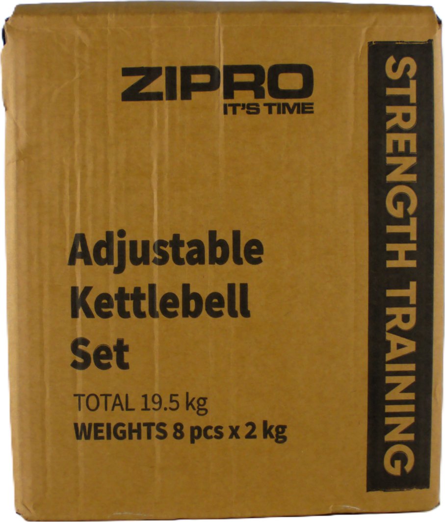 Styrketrening Hjemme brun pappeske med sort trykk, viser informasjon om justerbart kettlebell-sett, 19,5 kg.