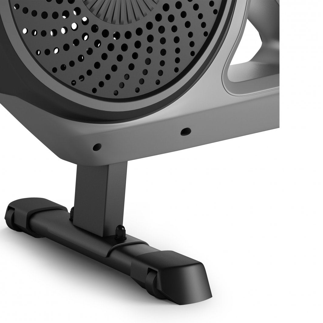 Sammenleggbar Romaskin med detaljert visning av understell og viftehus i sort og grått metall og plast.