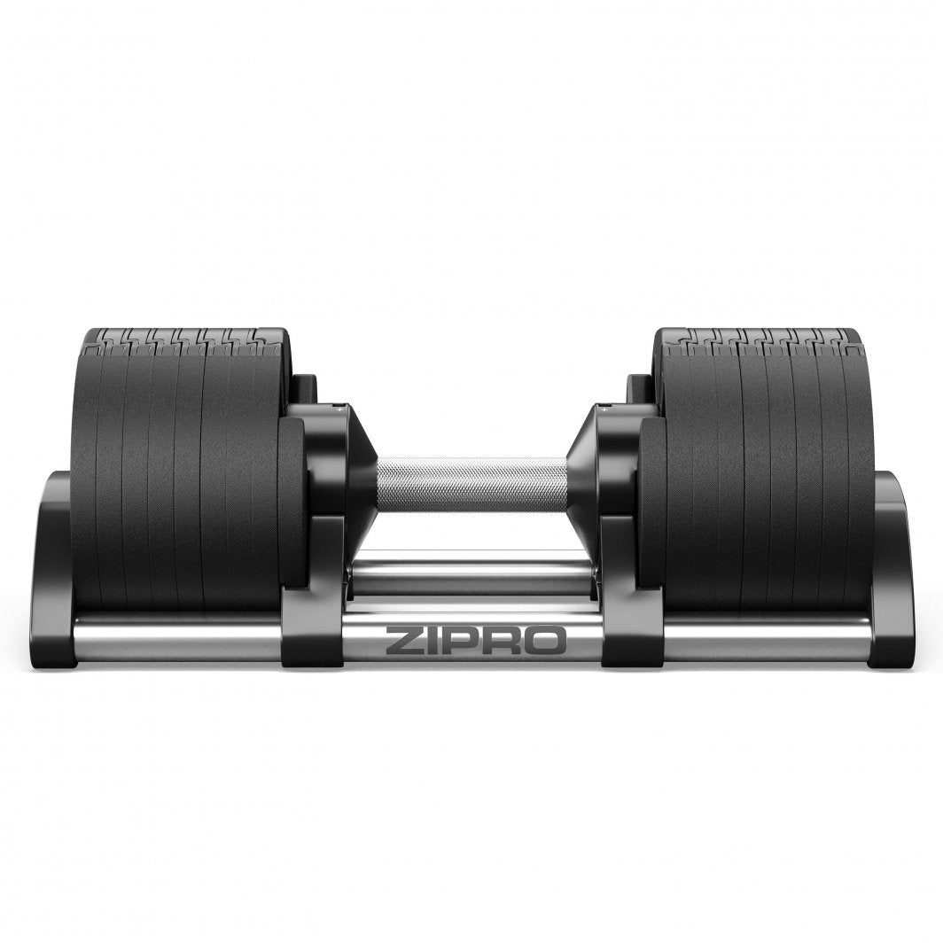 Hantel i svart og sølv metall sett forfra, med teksturert håndtak og Zipro-logo synlig på basen.