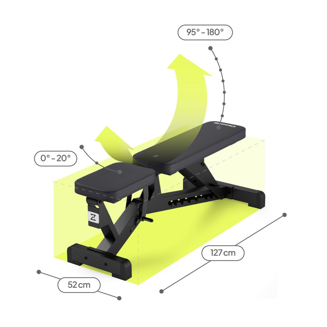 Treningsbenk i svart fra ZIPRO, vist skrått med mål, justerbar rygg 95–180° og sete 0–20° markert på bildet.