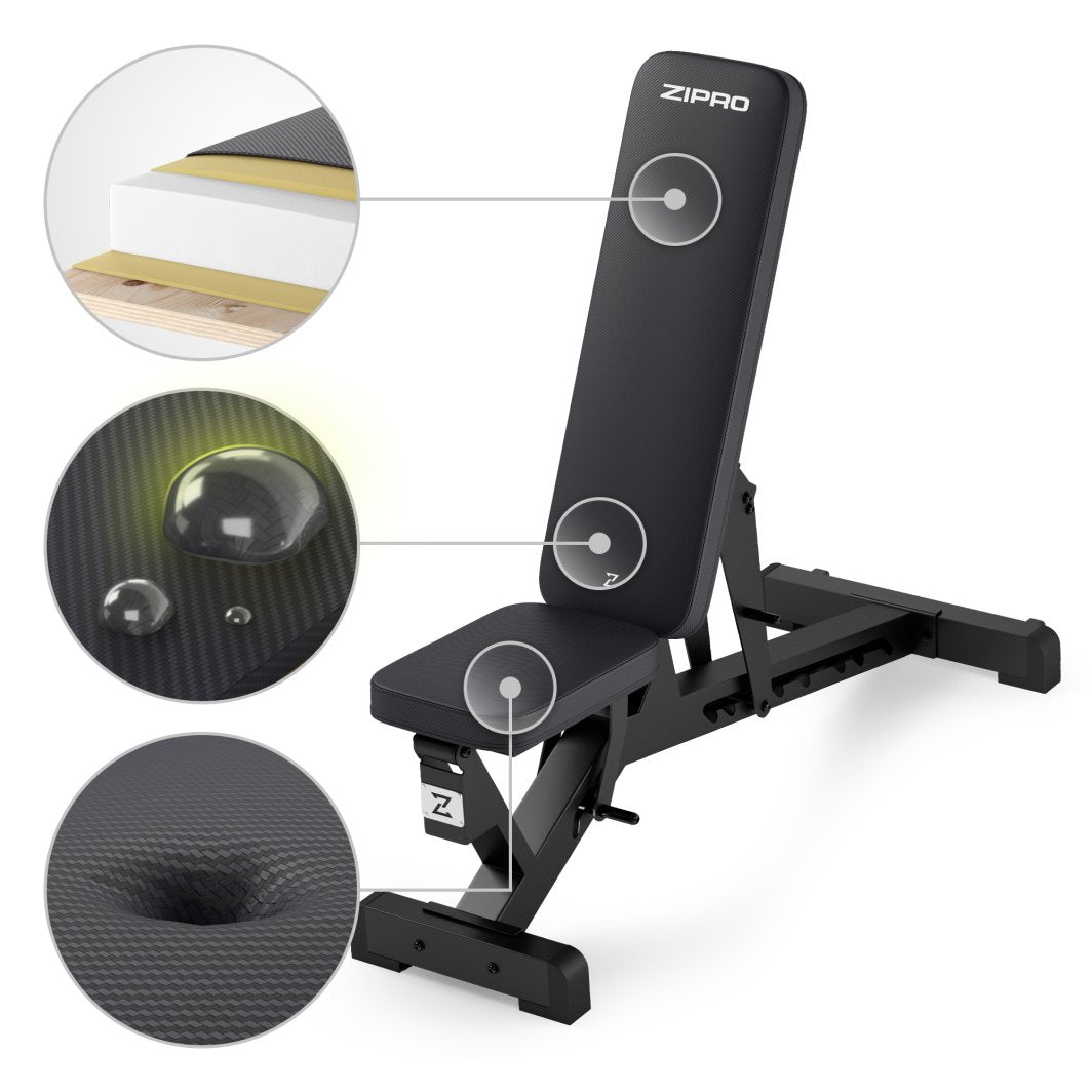 Multifunksjonell Treningsbenk med polstret sete og rygg, nærbilde av vannavstøtende materiale og tekstur.