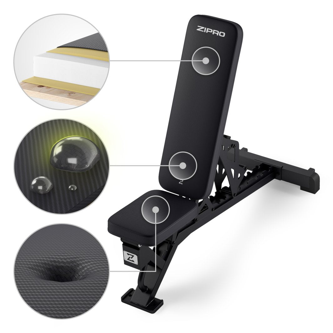 Multifunksjonell Treningsbenk med nærbilder av svart, vannavvisende polstring og lagdeling fra skrå vinkel.