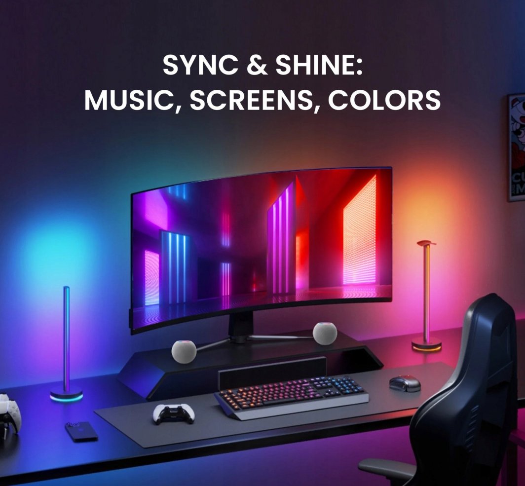 Sammenleggbar tredemølle LED-lys RGBIC Light Bar skaper fargerik stemning i gaming-oppsett med skjerm og tastatur.