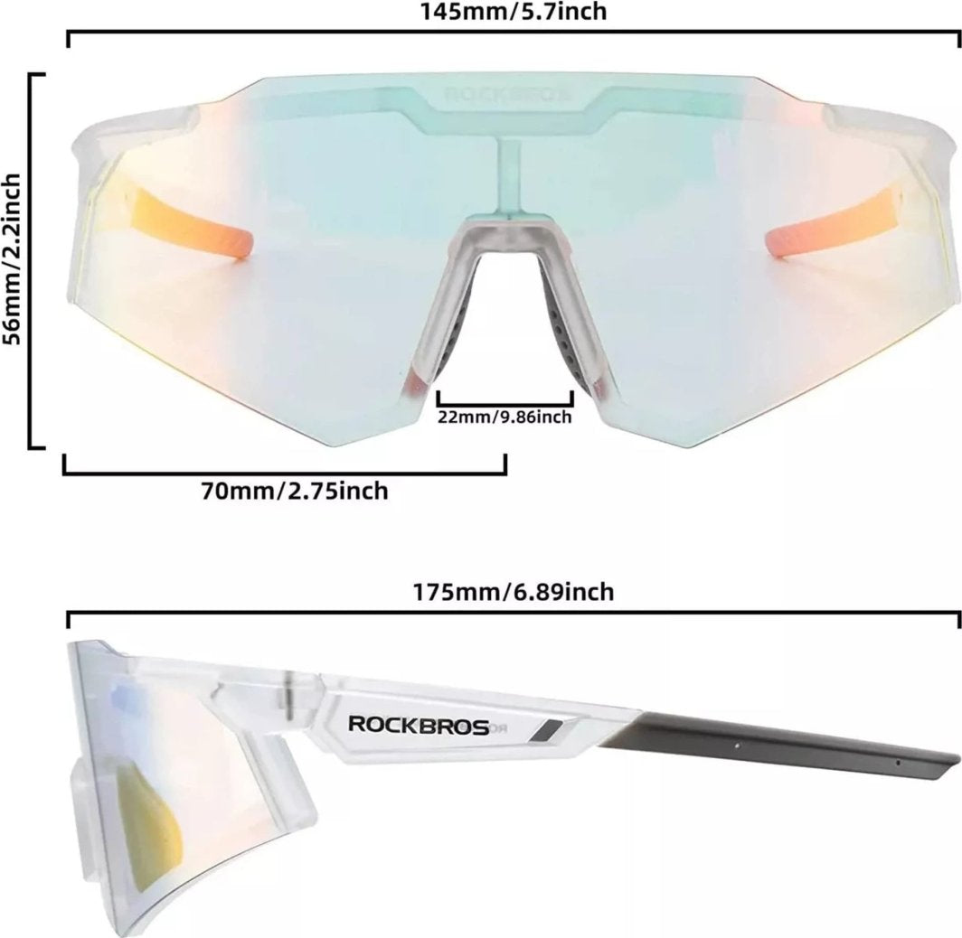 Sportsbriller med speilglass i regnbuefarger og hvit ramme, vist forfra og fra siden med mål rundt brillen.