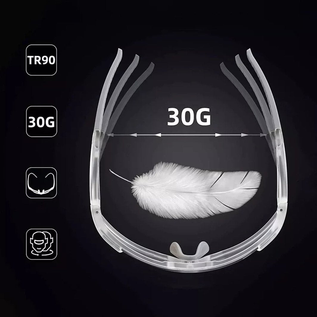 Sykkelbriller i gjennomsiktig plast sett ovenfra, hvit fjær inni rammen og vekt på 30 gram vises.