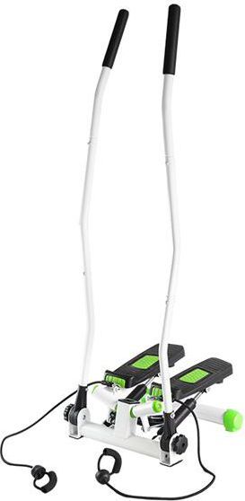 Stepmaskin med to sorte fotplater, hvit ramme, grønne detaljer og høye håndtak med svarte grep sett forfra.