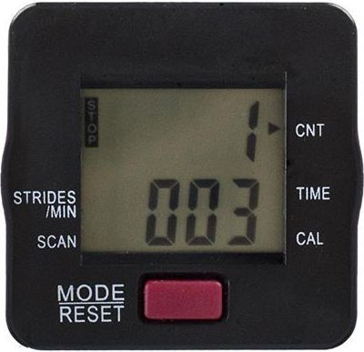 Stepper med digital teller, sort plastkropp, stort LCD-display og rød MODE RESET-knapp under skjermen.