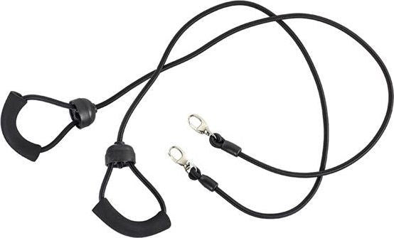 Mini Stepper sort elastisk snor med gummihåndtak og metallklips, sett ovenfra, enkel og funksjonell utforming.