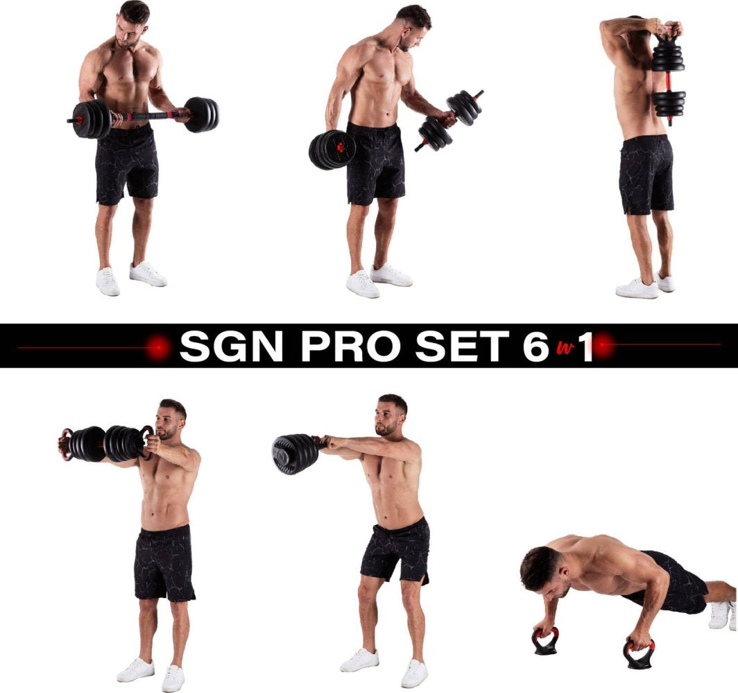 Manualer Sett brukt av mann som trener, viser sorte og røde hantler med push-up håndtak fra ulike vinkler.