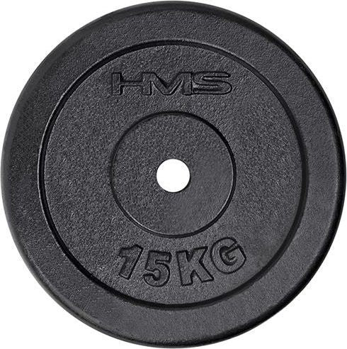 Vektskive av svart støpejern på 15 kg med 31 mm hull og HMS-logo, sett rett forfra mot hvit bakgrunn.