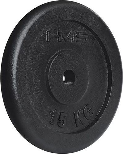 Vektplate i sort støpejern på 15 kg med preget HMS-logo og 31 mm hull, sett fra skrå vinkel.