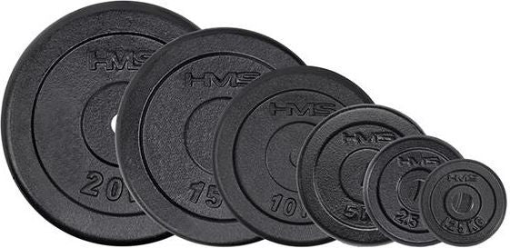 Vektskive i sort støpejern med 31 mm hull, HMS-logo og vektangivelse, assortert i ulike størrelser.