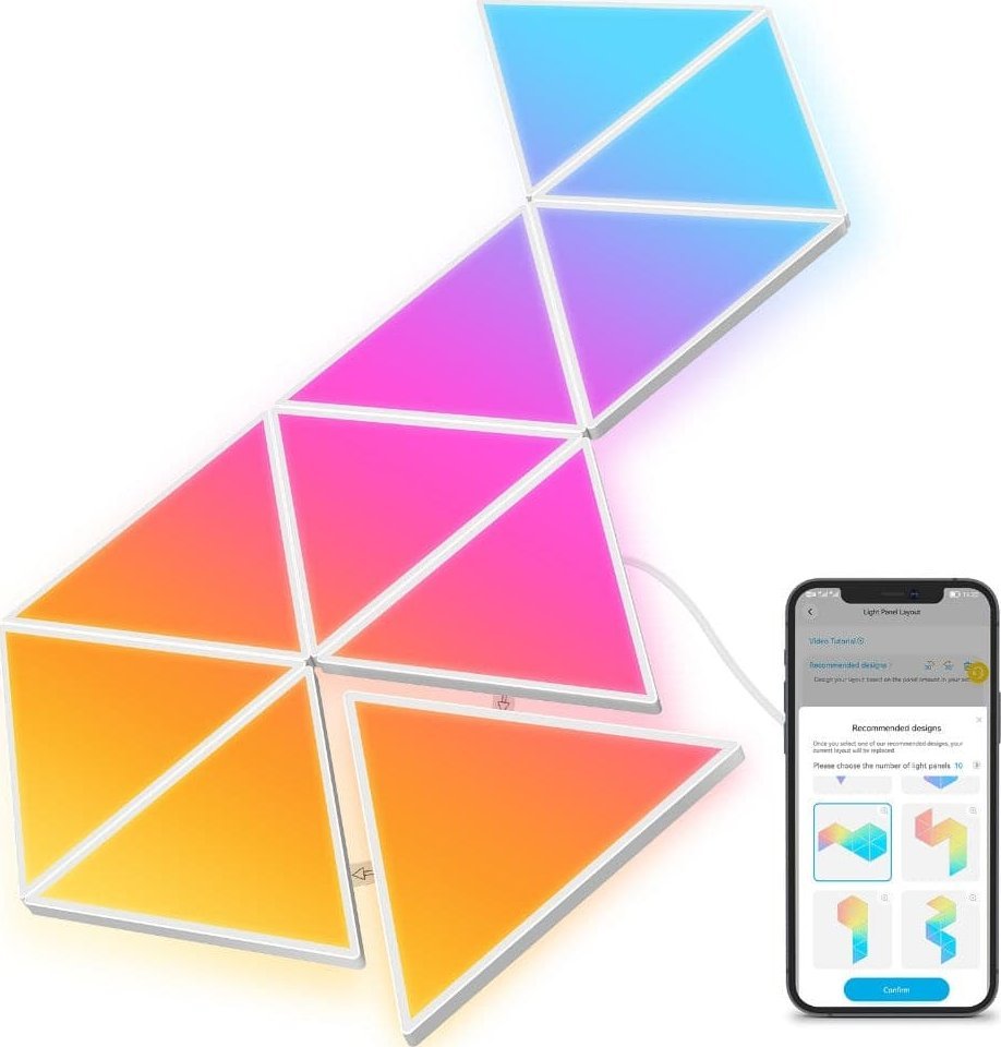 Tredemølle Smart lys panel 12W Wi‑Fi/Bluetooth fra Govee Glide med syv trekantede fargede paneler.